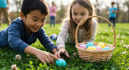 Children searching for colorful eggs in a grassy field during a lively springtime outdoor gathering with friends in warm sunlight