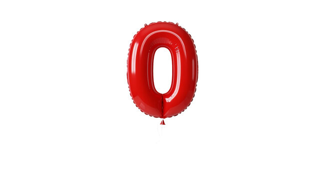 Inflated red balloon in the shape of the number zero is isolated against a isolated background.