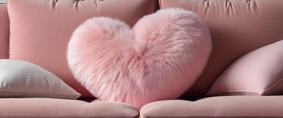 Heart shaped faux fur cushion on pink sofa. Soft pastel interior with pink heart pillow. Fluffy heart cushion resting on pastel couch.