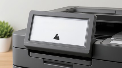 Fototapeta premium Business Supply Shortage Printer close-up showing warning indicator, surrounded by minimal decor.
