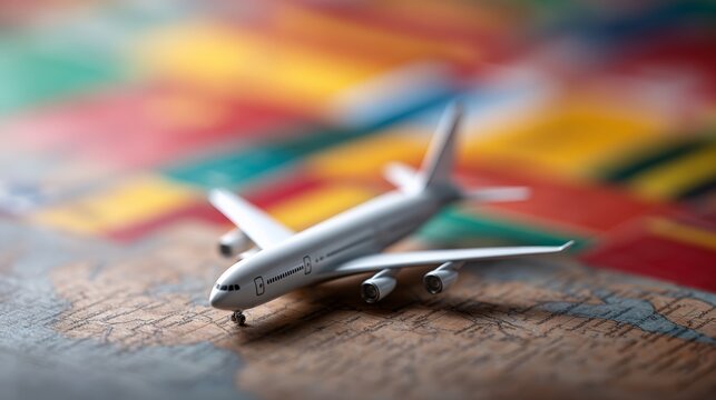 Miniature airplane resting on a vintage map, surrounded by softly blurred international flags, evokes a sense of global travel, exploration, and the excitement of adventure - Powered by Adobe