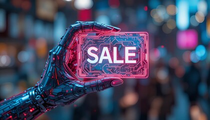 Robotic hand holding neon sale sign against blurred city background at night time