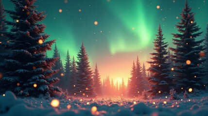 Magical forest with christmas trees and glowing lights.
