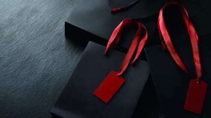 Flat lay of black shopping bags decorated with red ribbons for Black Friday
