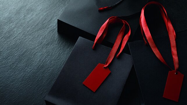 Flat lay of black shopping bags decorated with red ribbons for Black Friday