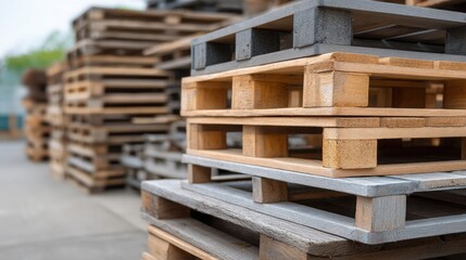 Business Supply Shortage Piled wooden pallets arranged in a warehouse setting, showcasing various textures and colors.