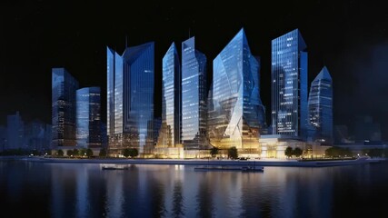 a stunning modern city skyline at night, illuminated skyscrapers glowing with blue and golden lights, reflections shimmering on the river, deep blue night sky, futuristic architecture - Powered by Adobe