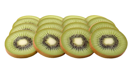 Kiwi slices arranged overlapping each other show distinct patterns and textures against a isolated background.