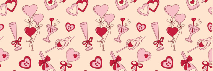 Festive seamless pattern with pink elements in a coquette aesthetic for Valentine's Day and girls bachelor party. Holiday background in doodle style for wedding, gift wrap, diary and scrapbook.
