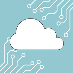 A white cloud sits amid circuit patterns against a light blue background