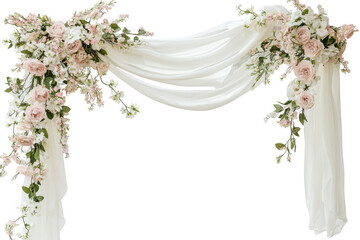 Elegant wedding arch with white flowers and draping fabric isolated on transparent background. Draped wedding arch with spring flowers isolated on white background.