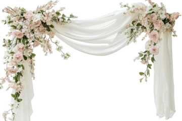 Elegant wedding arch with white flowers and draping fabric isolated on transparent background. Draped wedding arch with spring flowers isolated on white background.