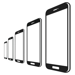 Black and white smartphones line up in perspective view, offering a clean presentation with transparency