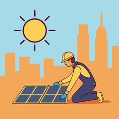 Caucasian worker in hard hat and coveralls installs solar panels on a building rooftop