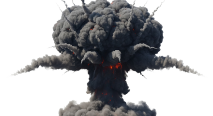 Large smoke plume rising upward with fiery orange glow visible from below in simulated blast.