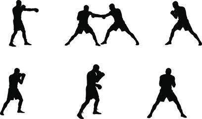 Boxing silhouettes, fighter poses, martial arts training, punching technique, combat sports illustration, fitness workout, self defense, athlete movement, sparring stance
