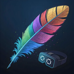 A digital feather formed by glowing pixels in virtual reality, symbolizing technology blend of fragility