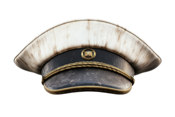 Vintage military peaked cap with emblem isolated on transparent background. Captain hat isolated on white background.