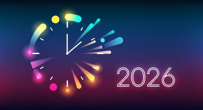 A vibrant New Year 2026 celebration concept with a colorful firework clock counting down to midnight.
