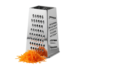 Metal grater sits beside pile of grated carrots on a surface. - high quality Metal grater sits beside pile of grated carrots on a surface.
