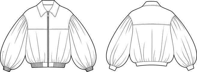 Cad drawing flat vector illustration, balloon sleeve jacket technical sketch, front and back view, fashion template, garment construction detail