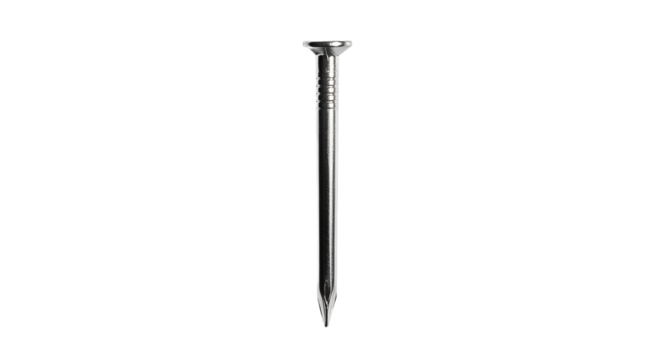 Metal nail is standing upright, centered against the background, showcasing its reflective surface.