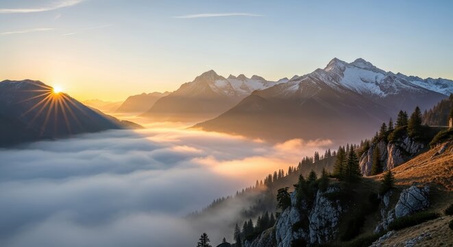 Mountain landscape at sunrise with fog in valley