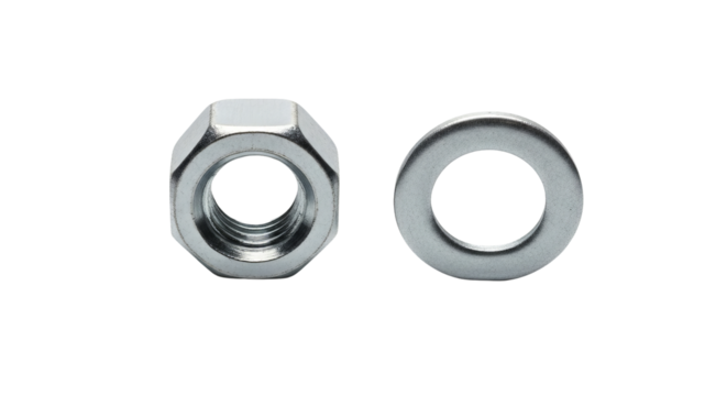 Metal nut and washer sit together on a dark surface, showing their shiny textures and threading.