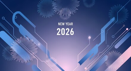 Futuristic New Year 2026 celebration with an abstract technology background and digital fireworks.