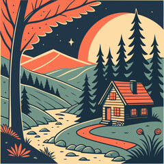 Naklejka premium Serene riverside cabin nestled in a peaceful pine forest illustration