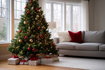 Fototapeta premium Beautifully decorated Christmas tree with gifts in a cozy living room