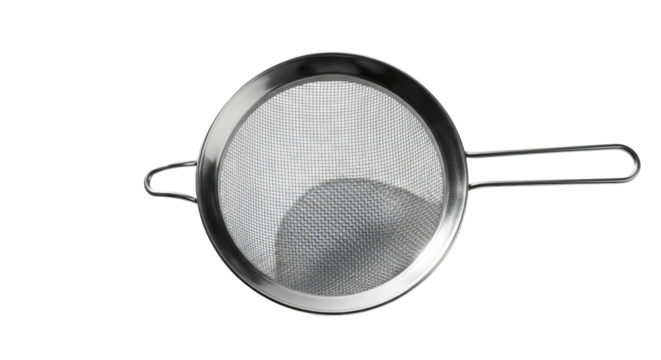 Metal strainer is displayed, featuring a fine mesh and a handle, against a stark background.