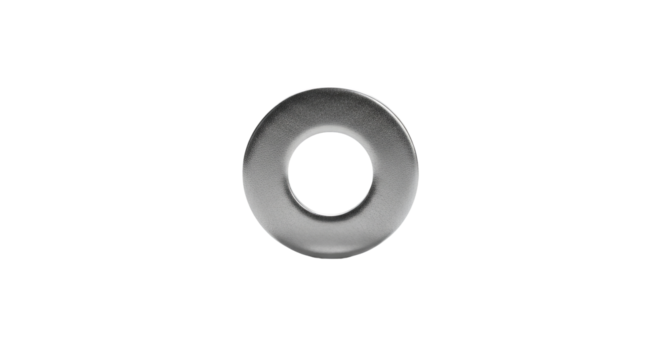 Metal washer sits against a background, centered and evenly lit, with smooth texture.