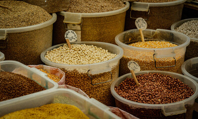 Assortment Of Grains And Legumes At Kutaisi Market Georgia Showcasing Local Agriculture And Traditional Food Culture