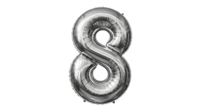 Metallic number eight balloon floats centered in the frame against the isolated background.