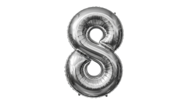 Metallic number eight balloon floats centered in the frame against the isolated background.
