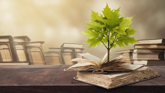 a vibrant green tree growing from the center of an open book, placed on a wooden table, blurred bookshelf in the background, concept of knowledge, growth, and education