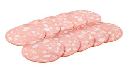 Mortadella slices are arranged in a row, showing a marbled pattern and uniform thickness.