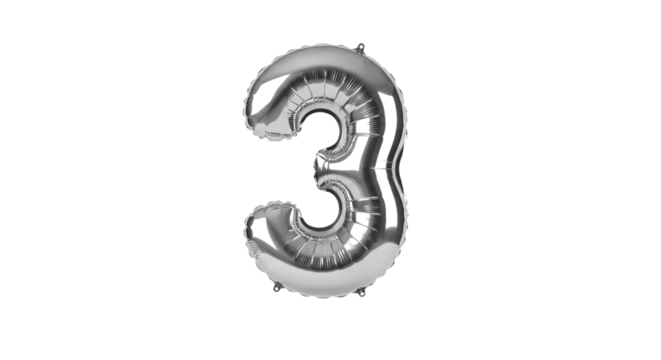 Metallic silver number three balloon floats against solid background. - high quality Metallic silver number three balloon floats against solid backgro
