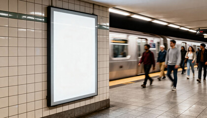 Fototapeta premium Blank illuminated advertising billboard in subway station with commuters passing by and train arriving on underground platform