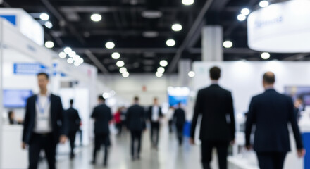Business professionals networking and walking through modern convention hall with bright lighting and exhibition booths in the background