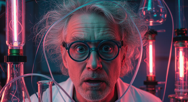 shocked senior scientist surrounded by neon lit laboratory glassware and experimental equipment in a futuristic science lab