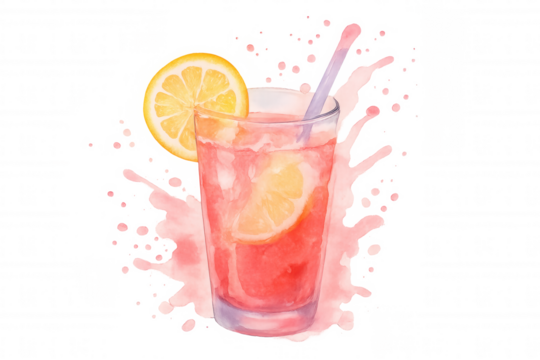 Pink lemonade drink watercolor illustration with lemon slice, ice, a straw, and refreshing splash on transparent background