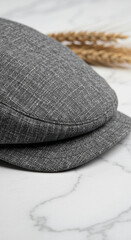 Classic grey plaid flat cap on white marble surface with dried wheat for modern minimal fashion accessory styling