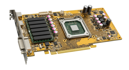 Motherboard showcases components with central processor and surrounding electronic elements on golden board, creating a detailed, technical display.