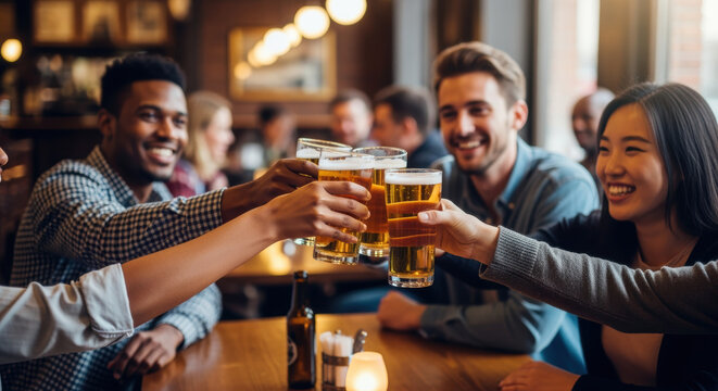 Diverse group of friends celebrating together in a cozy pub, clinking glasses of beer and enjoying a cheerful social gathering