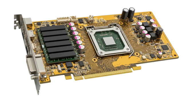 Motherboard showcases components with central processor and surrounding electronic elements on golden board, creating a detailed, technical display.