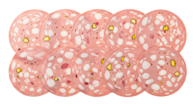 Mortadella slices are arranged in a staggered row, displaying varied fillings against a isolated background.