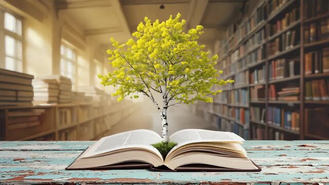 a vibrant green tree growing from the center of an open book, placed on a wooden table, blurred bookshelf in the background, concept of knowledge, growth, and education