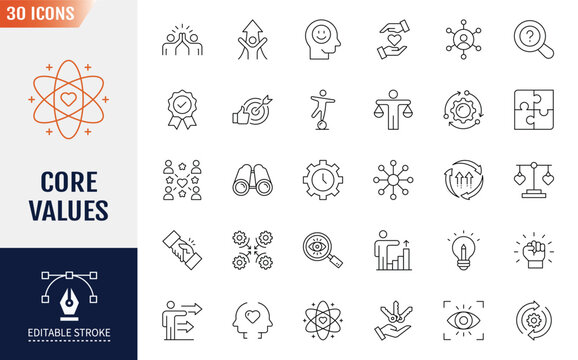Core Values Line Editable Icons set.  Containing icons: happiness, work, community, and more. Vector illustration